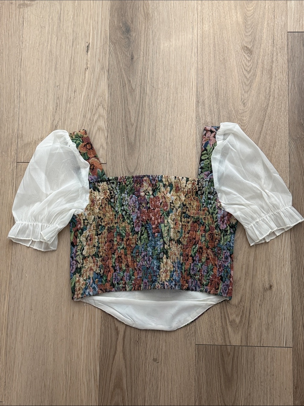 Floral Lace-Up Puff Sleeve Crop Top - Multicolor - Picture 2 of 2